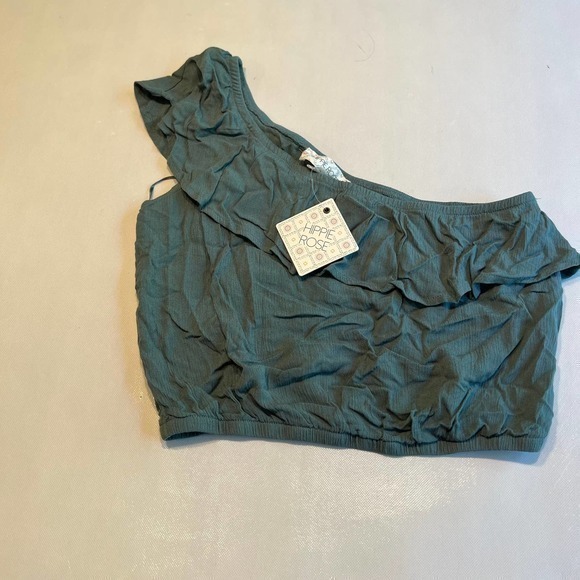 Hippie Rose One Shoulder Ruffle Crop Top Green XS - Picture 1 of 10